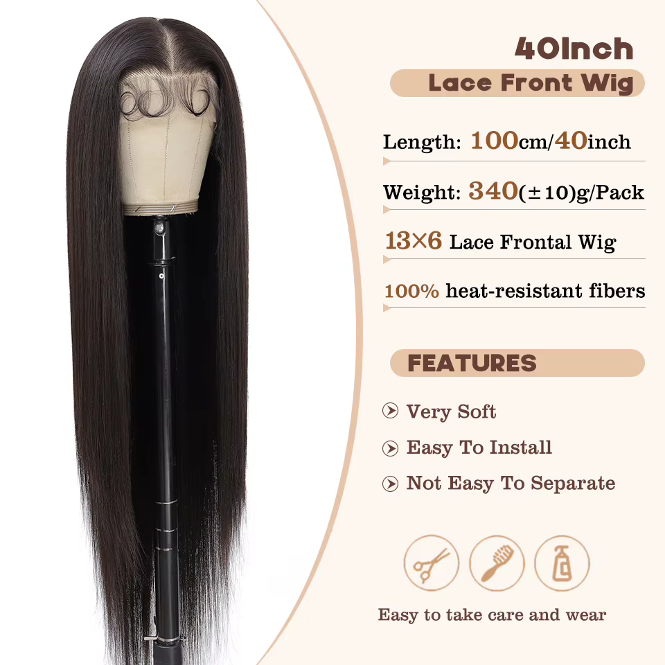 Perruques Lace Frontal 13x6 Marron Super Longues 40 Pouces pour Femmes, Synthétiques Lisses Soyeuses Noires de Haute Qualité, Faciles à Porter, pour Cosplay