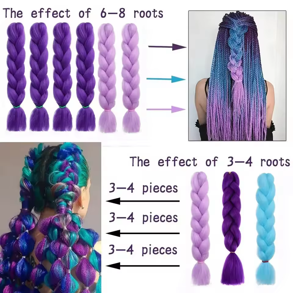 Extensions de cheveux synthétiques tressés violets longs de 24 pouces
