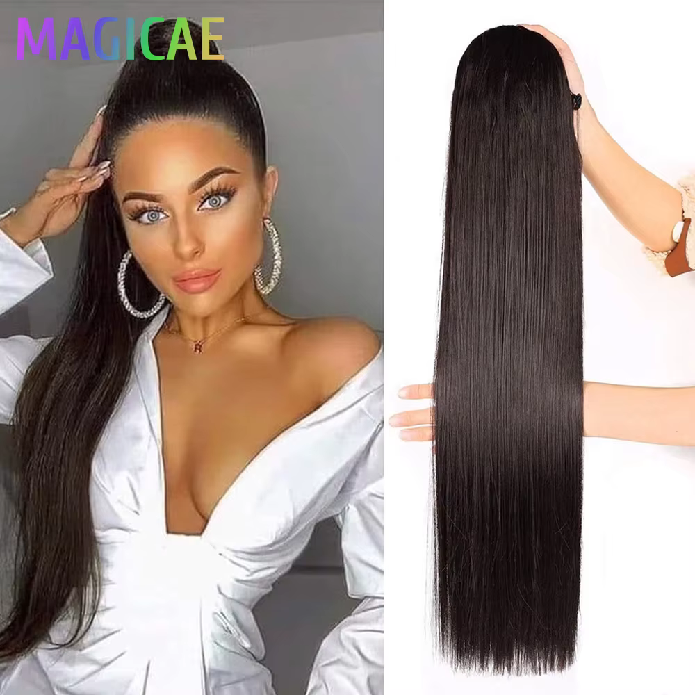 28 pouces queue de cheval droite Blonde 27/613 Extensions de cheveux avec Clips Ombre brun cordon coloré Bio haute température synthétique