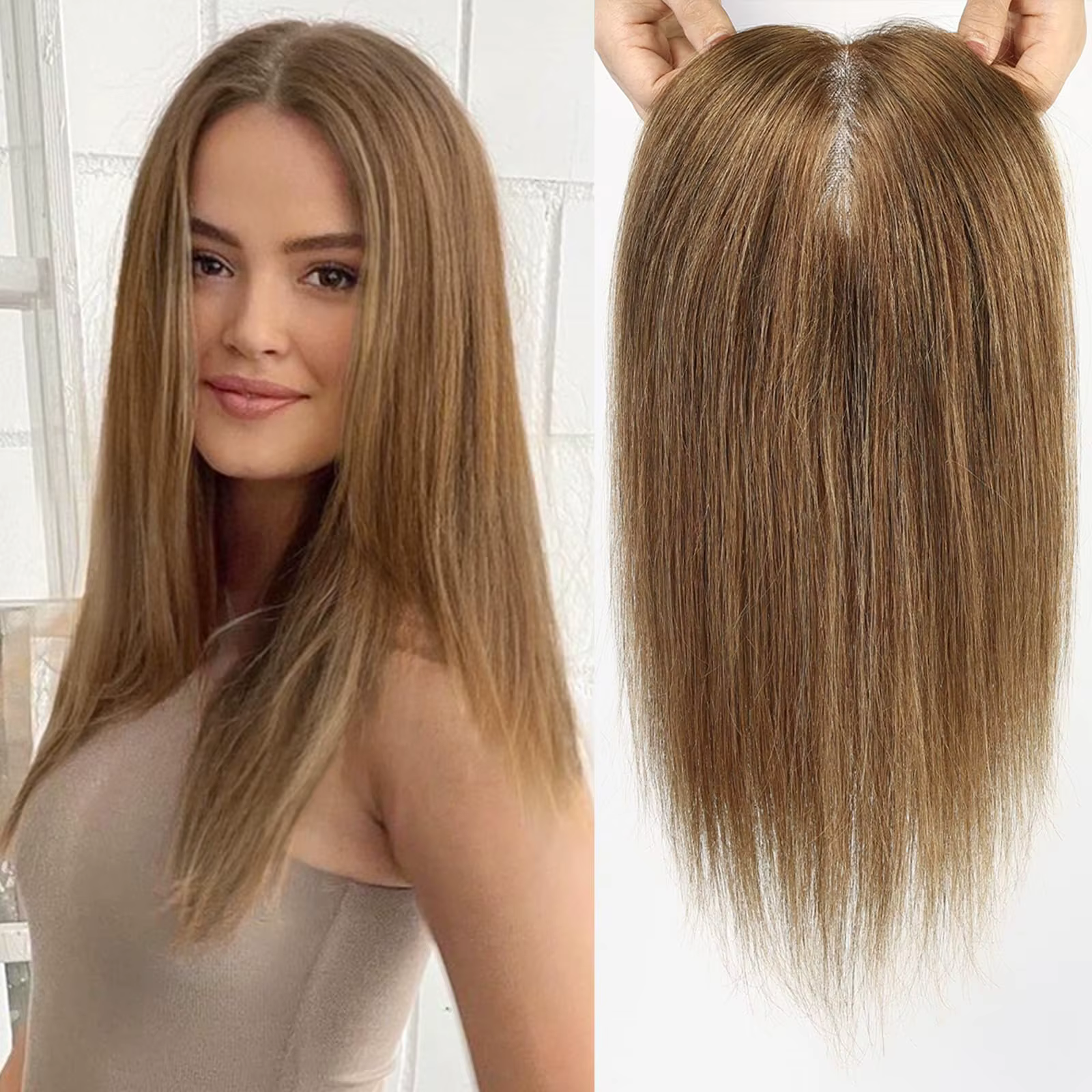 Postiche pour femme 100 % cheveux humains brésiliens – Topper droit de 35 cm avec mouvement naturel et durabilité.