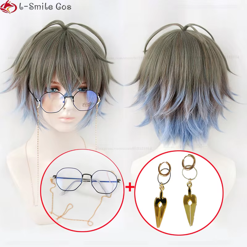 Haute qualité VTuber NIJISANJI Luxiem Ike Eveland Cosplay perruque gris brun dégradé bleu clair résistant à la chaleur synthétique cheveux perruques