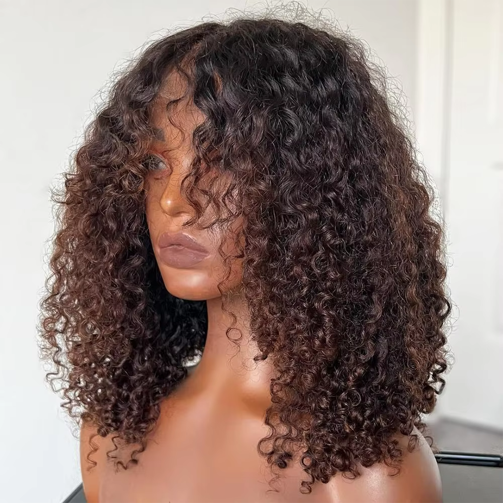 Perruque bouclée birmane avec frange 7x5 HD dentelle sans colle Ombre marron 4X4 5X5 pré-coupée HD