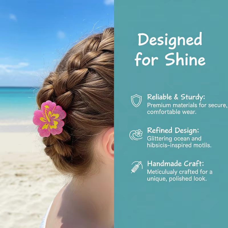 Barrettes à cheveux en forme de dauphin bleu scintillant avec fleur d'hibiscus rose et motif tropical