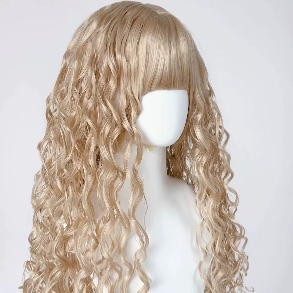 Perruque longue bouclée blonde avec frange