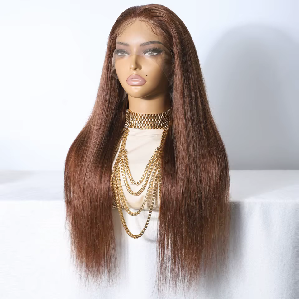 Perruques Lekker 100% Cheveux Humains Sans Colle Marron 30" Longues Lisses 13x5 Lace Frontal Pour Femmes