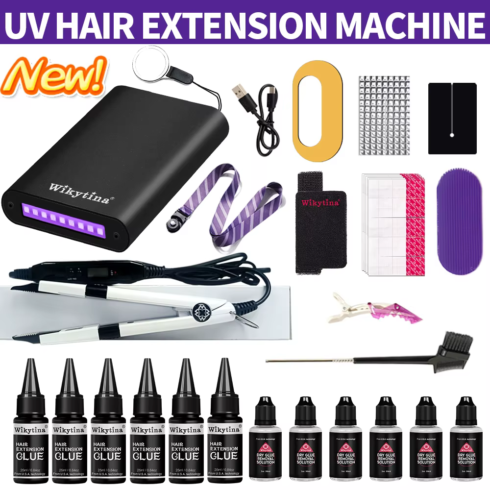 Kit professionnel d'extensions de cheveux à lumière UV avec outils de pose