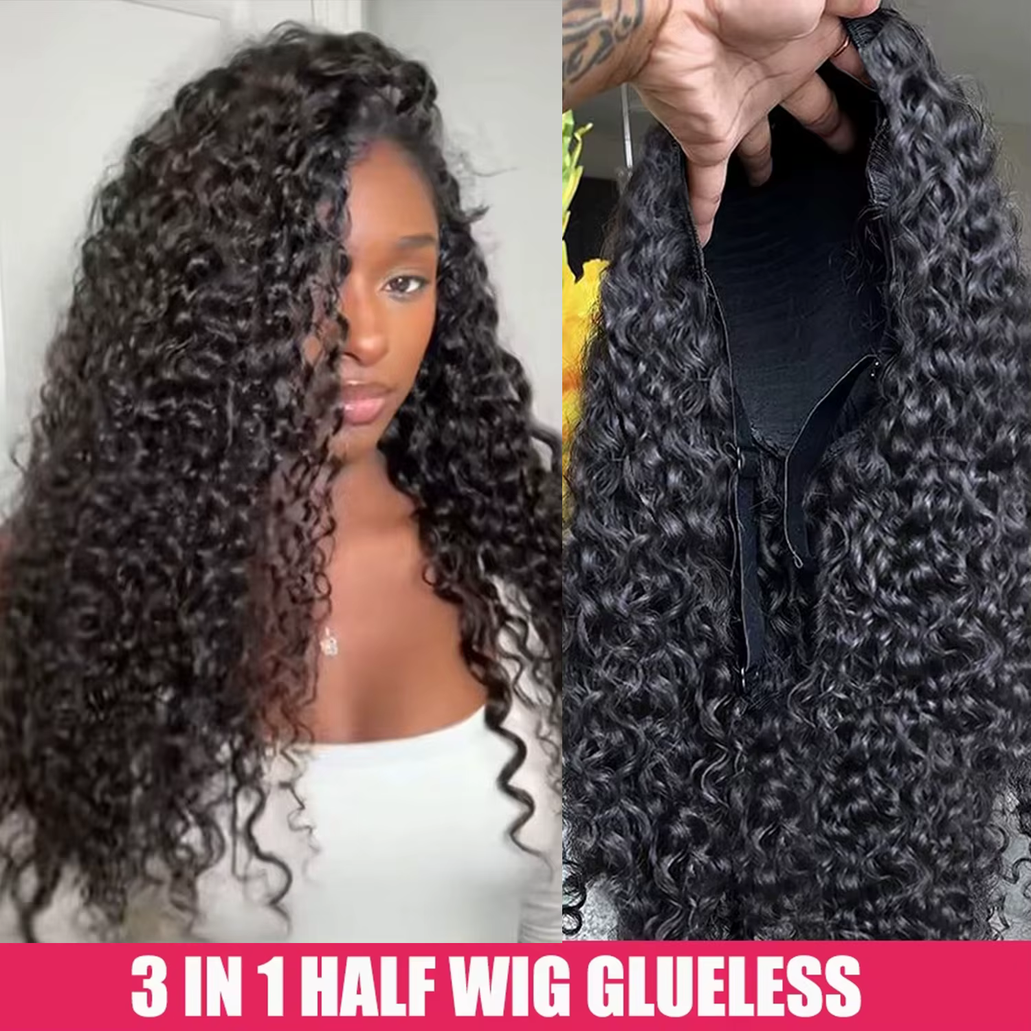 Demi-perruque cheveux humains crépus bouclés 3 en 1
