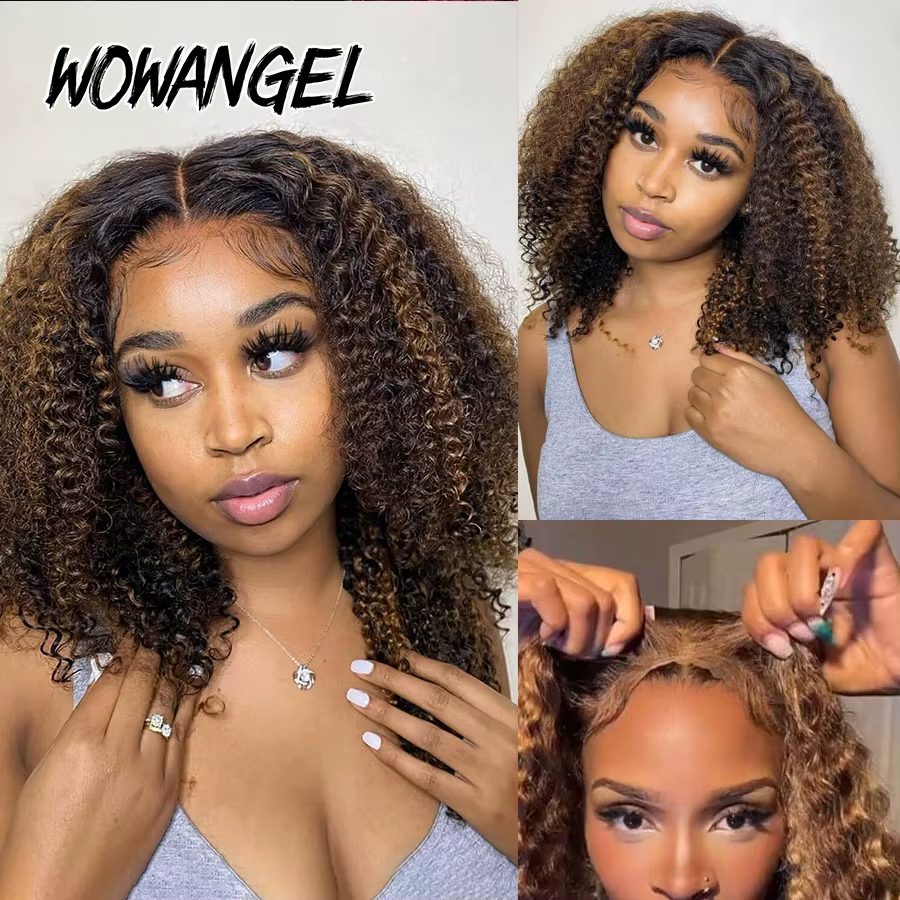 WOWANGEL 250% crépus bouclés sans colle perruques 1B/27 mettre en évidence