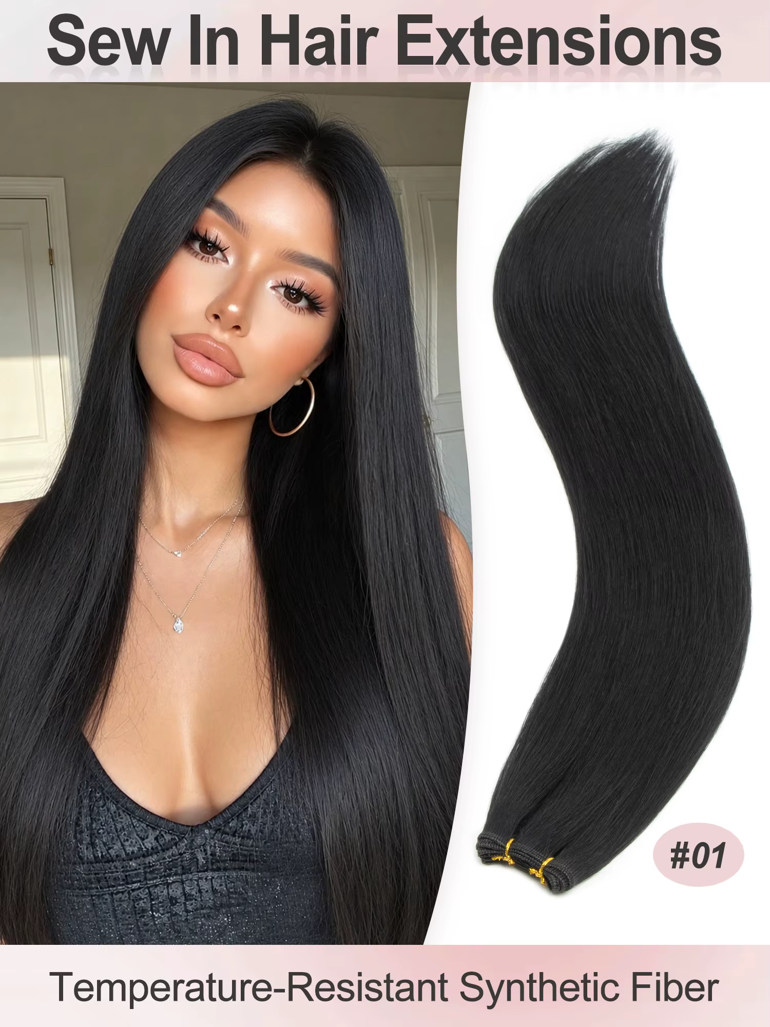 Extensions de cheveux synthétiques longues et lisses à coudre