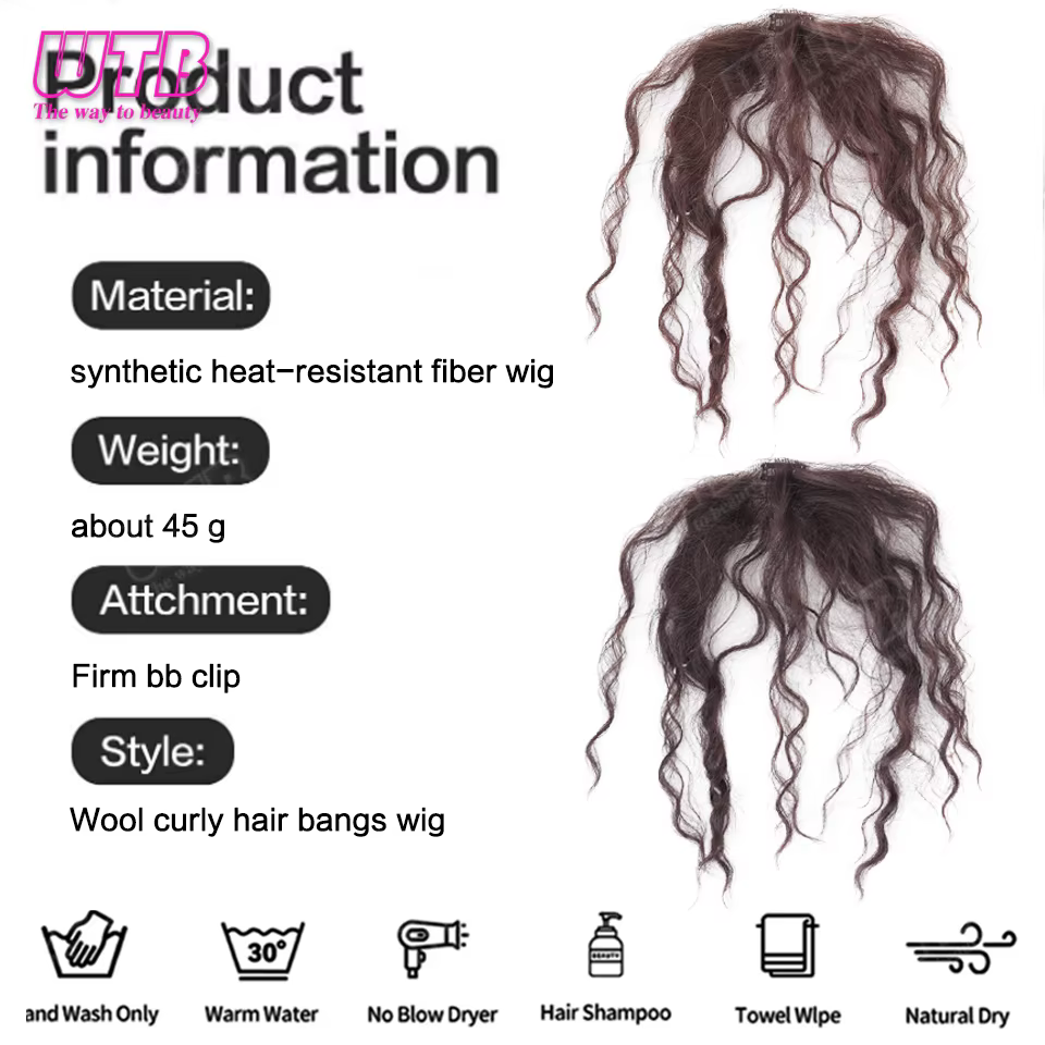 Perruque synthétique WTB à franges crochetées à la main, style clip BB, franges bouclées en laine moelleuse, adaptée au quotidien et aux occasions spéciales pour femmes