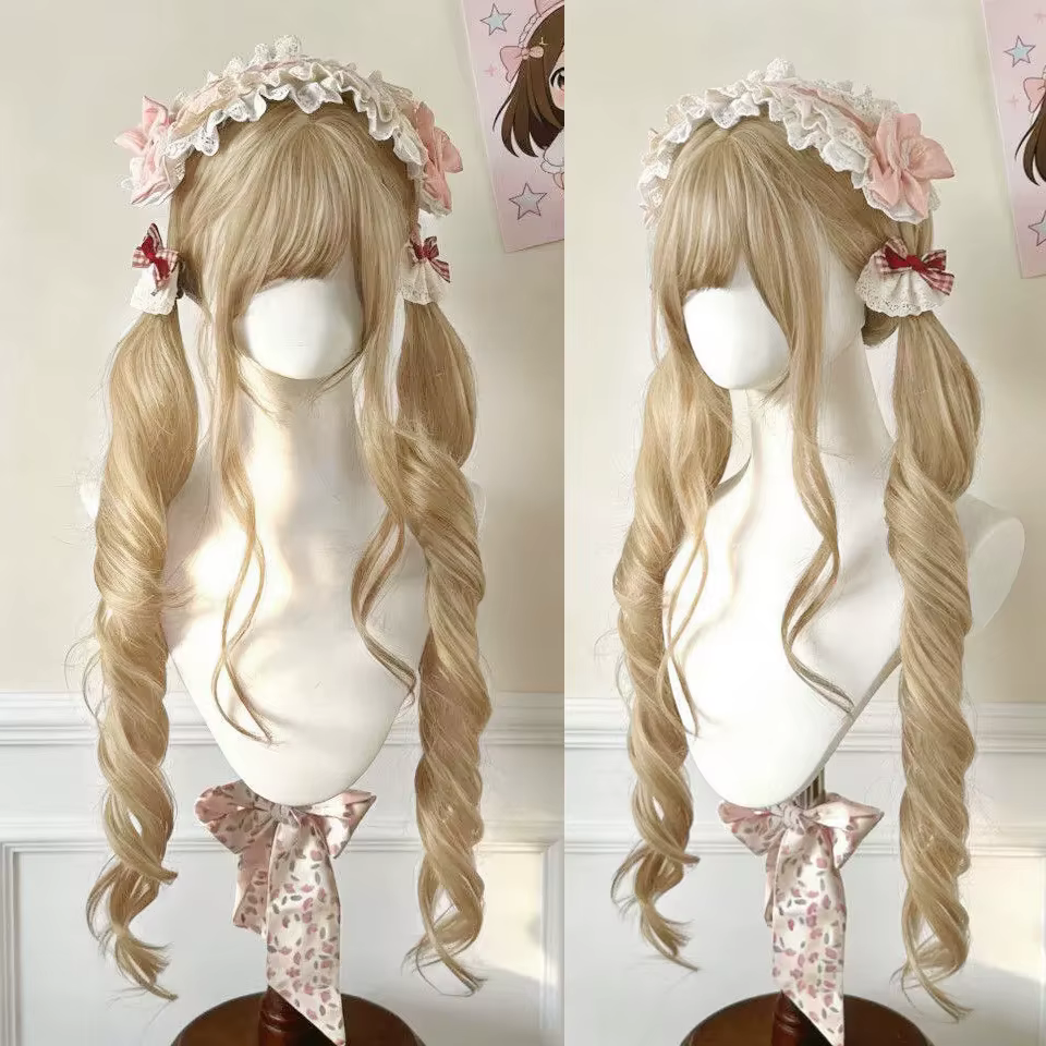 Perruque longue blonde double queue de cheval style Lolita avec frange, boucles princesse, synthétique, noire et marron, pour fille, cosplay, Halloween, Harajuku