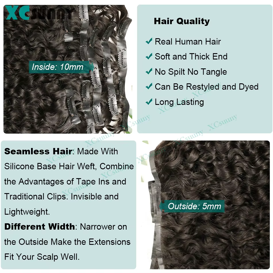Extensions de cheveux humains bouclés à clipser en PU pour la tête