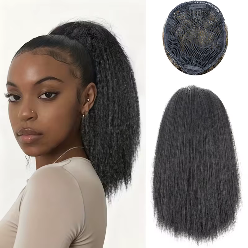 Extensions capillaires synthétiques Yaki courtes et lisses avec cordon de serrage