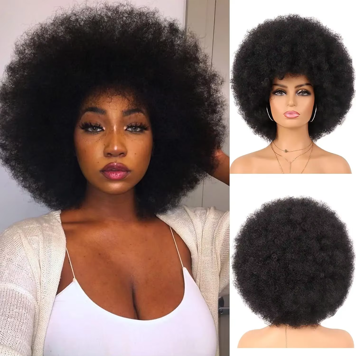Perruque courte bouclée afro kinky en cheveux humains péruviens 100% naturels