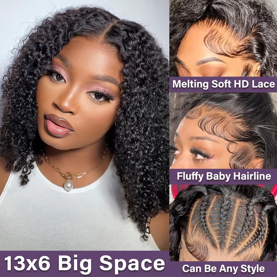 Perruque Bob Bouclée 13x6 avec Dentelle Frontale Pré-Pluckée Densité 250 Brésilienne Sans Colle HD Kinky Curly Bob Lace Closure Wigs Effet Mouillé et Ondulé