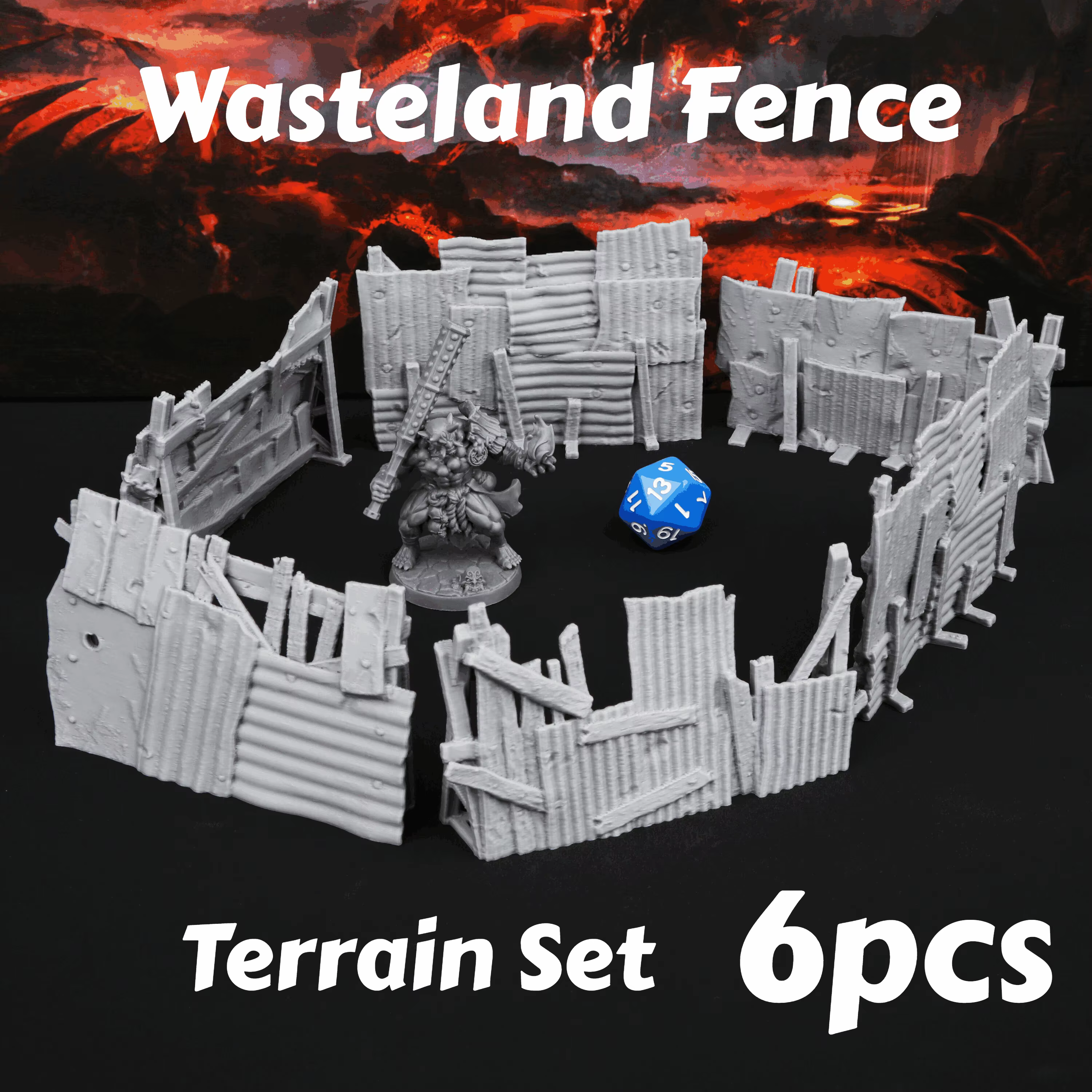 Ensemble de clôtures Wasteland - 6 pièces, accessoire de construction de terrain de bataille RPG pour TTRPG, excellent cadeau de Noël et d'Halloween, gris