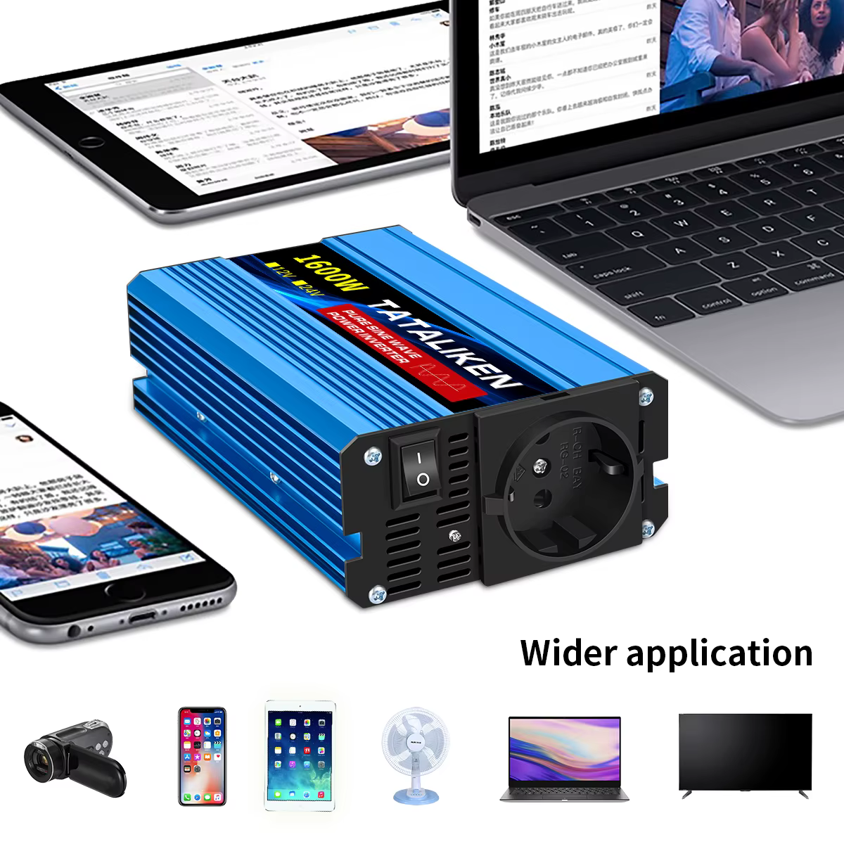 Convertisseur d'ondes sinusoïdales pures 1000W-4000W DC 12V et 24V vers AC 220V 50Hz, chargeur, adaptateur, prise universelle