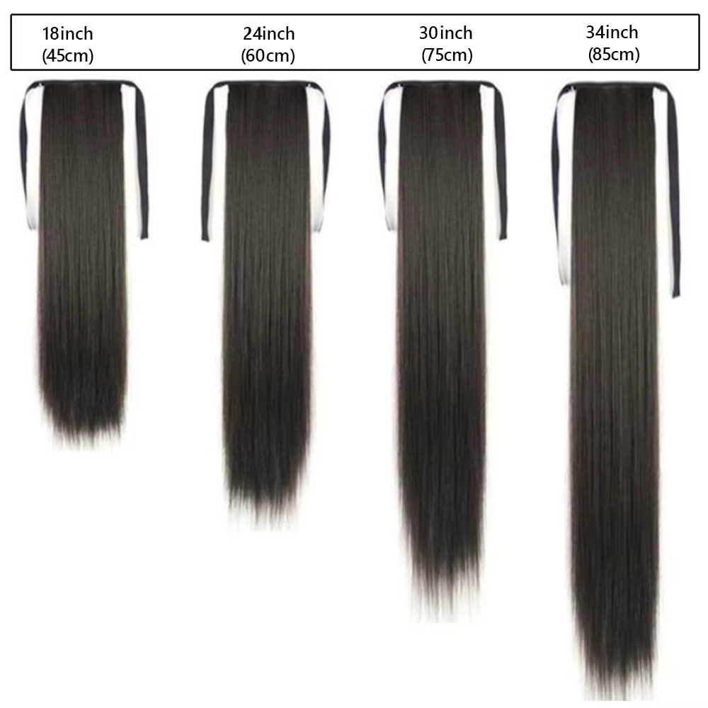 Perruque synthétique pour femme (18-34 pouces) Cheveux longs et raides avec accessoire de coiffure style queue de cheval à enrouler et à clipser