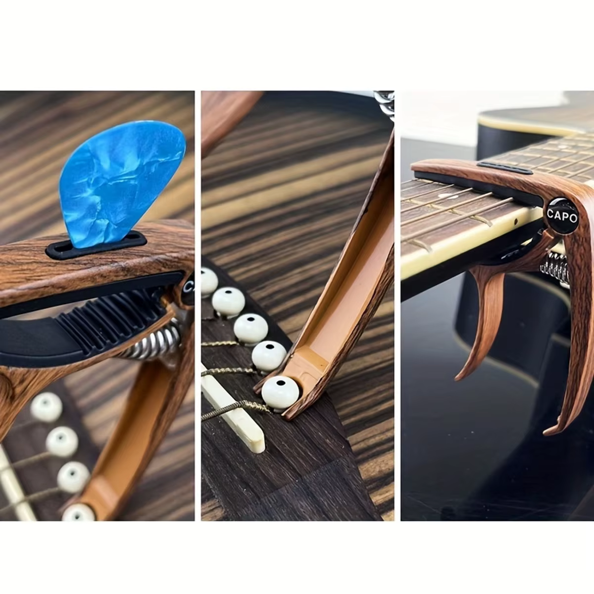 Capodastre de guitare en métal en alliage de zinc 3 en 1 - avec 1 plectrum de guitare en métal. Convient pour le stockage des capodes, des plectres et l'extracteur de broches de pont.