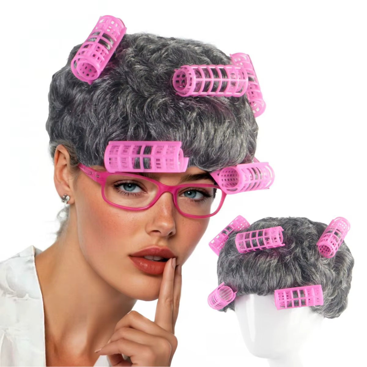 Perruque synthétique courte bouclée grise pour femme