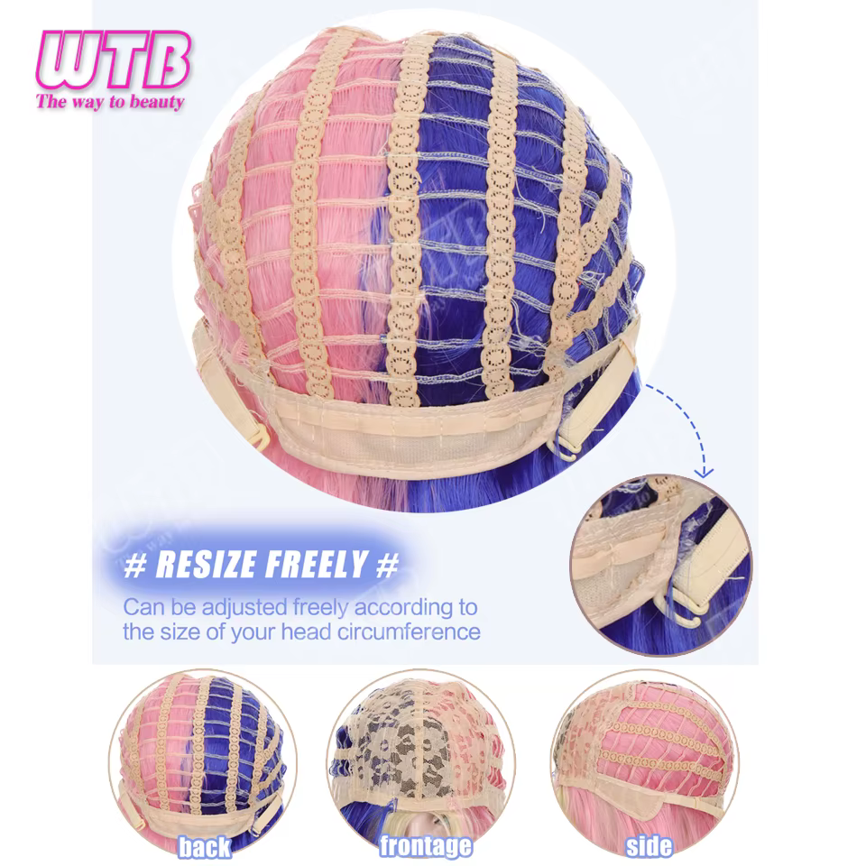 WTB Perruque synthétique rose et bleue à blocs de couleurs