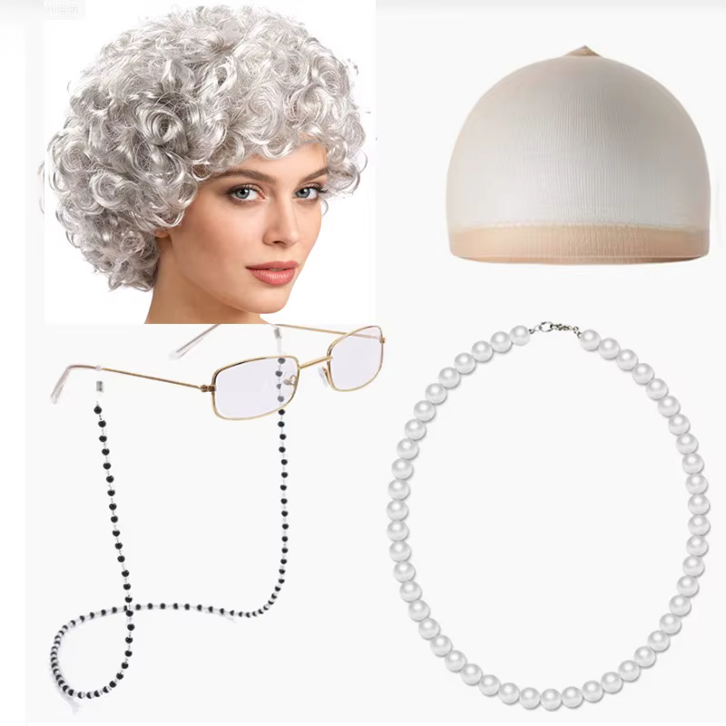 Ensemble de perruques pour déguisement de vieille dame : 5 pièces synthétiques pour cosplay de grand-mère (cheveux