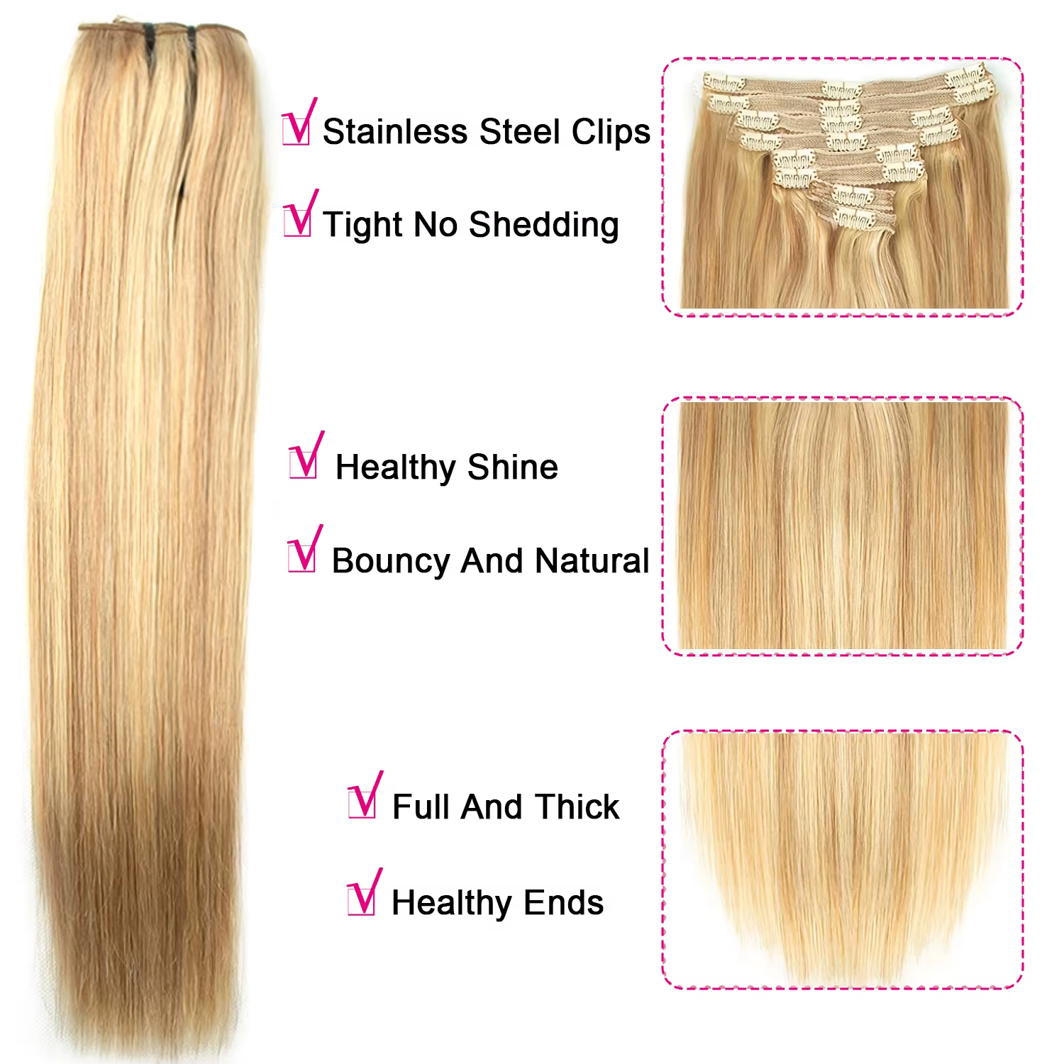 Extensions de cheveux lisses à clipser 120G 8/613 Blond Piano