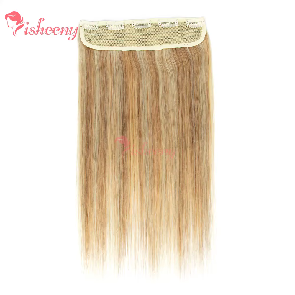 Extensions de cheveux naturels à clipser, une seule pièce, 14-22 pouces, blondes avec mèches, 5 clips sur trame de cheveux, légères