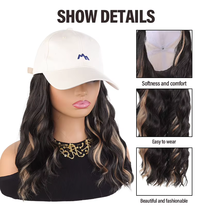 Casquette de baseball beige avec perruque à boucles ombrées et fibres synthétiques – Chapeau-perruque élégant pour un