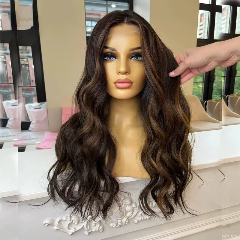 Perruque Lace Front synthétique longue, ondulée, avec mèches brunes, sans colle, de haute qualité, pré-épilée, avec ligne de cheveux naturelle, raie libre, pour cosplay