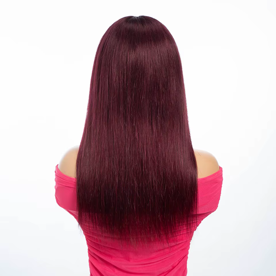 Perruque de cheveux raides rouge vin 99j avec frange longue
