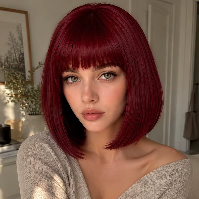 Perruque bob bordeaux, 12 pouces, franges soignées, extrémités lisses et droites, perruque synthétique courte pour femmes, pour un style quotidien.