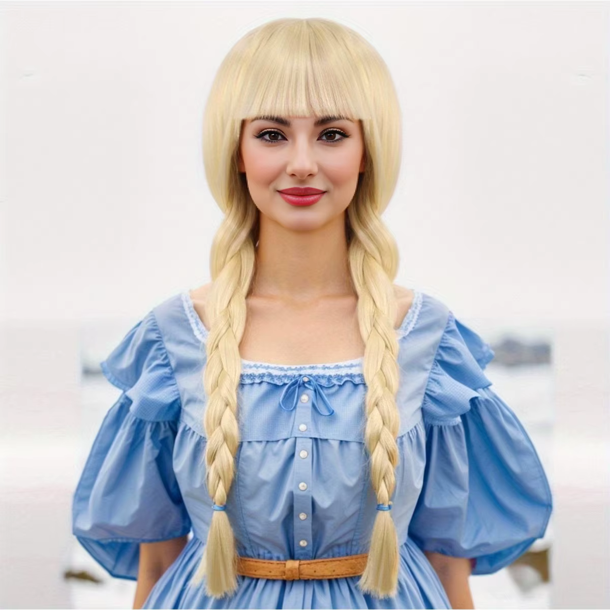 Perruque blonde longue à double tresses avec frange