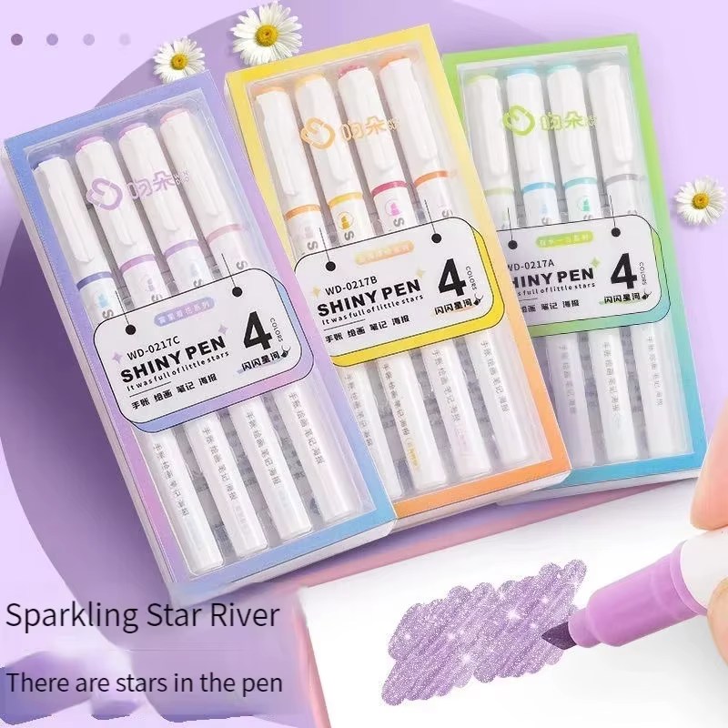 Stylo surligneur à paillettes Kawaii, 4 couleurs/boîte, marqueur surligneur Pastel fin, Scrapbook peint, papeterie fournitures scolaires