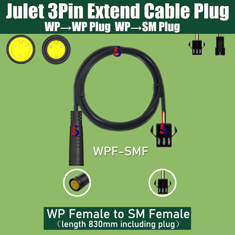 Câble d'extension d'accélérateur pour vélo électrique, Julet, 3 broches, prise étanche, connecteur adaptateur ABS, prise PAS 3P WP-WP/ WP-SM
