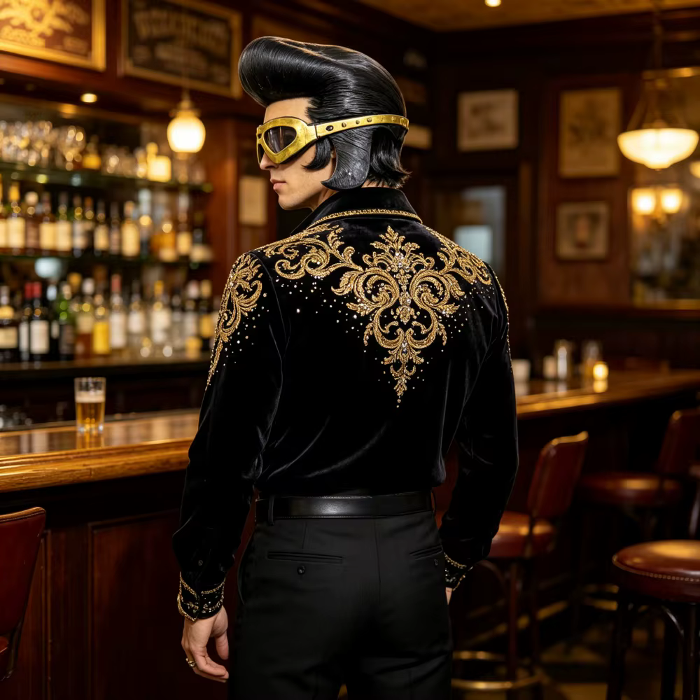 Masque de style rock vintage avec lunettes dorées et coiffure pompadour noire pour costume de fête pour homme