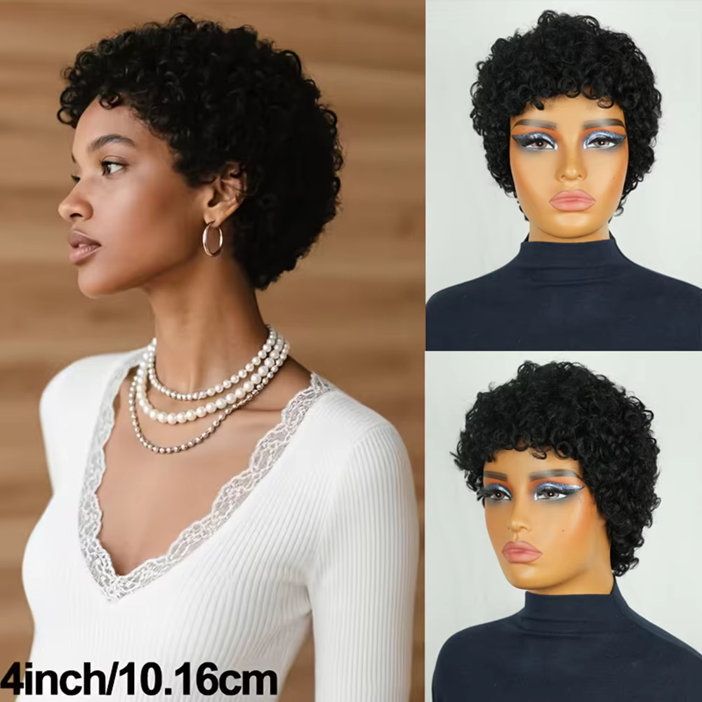Perruque courte bouclée coupe lutin pour femmes, cheveux 100% naturels, entièrement fabriqués à la Machine, naturel, réaliste, sans enchevêtrement, facile à entretenir