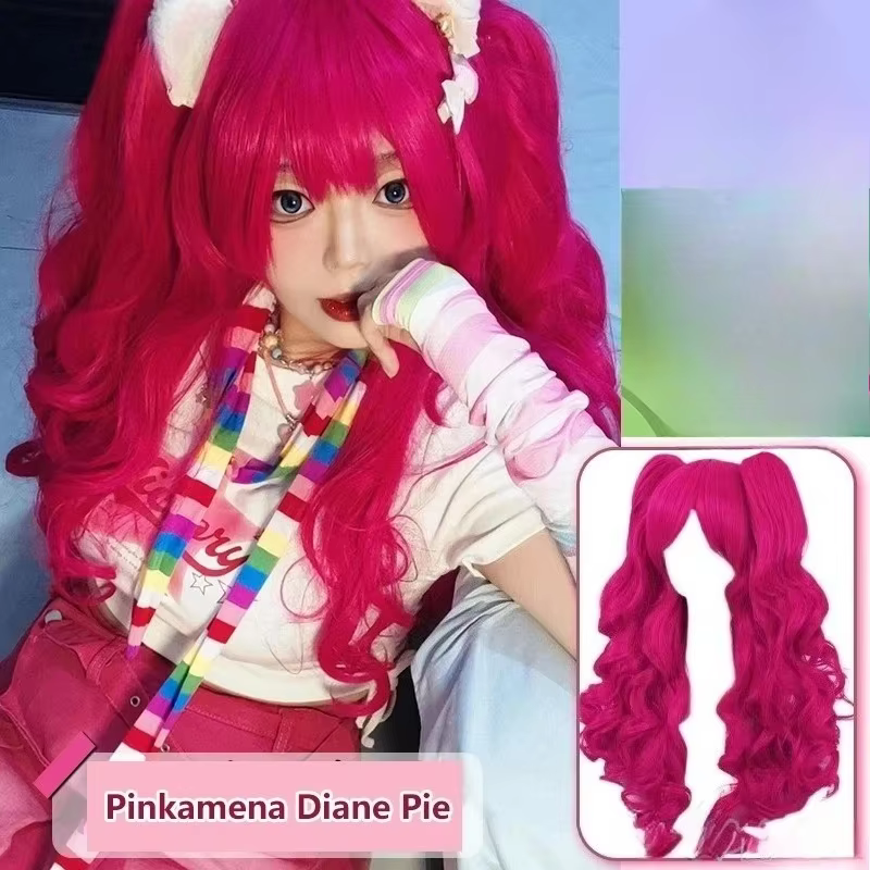 Perruque de cosplay anime rose à double queue de cheval