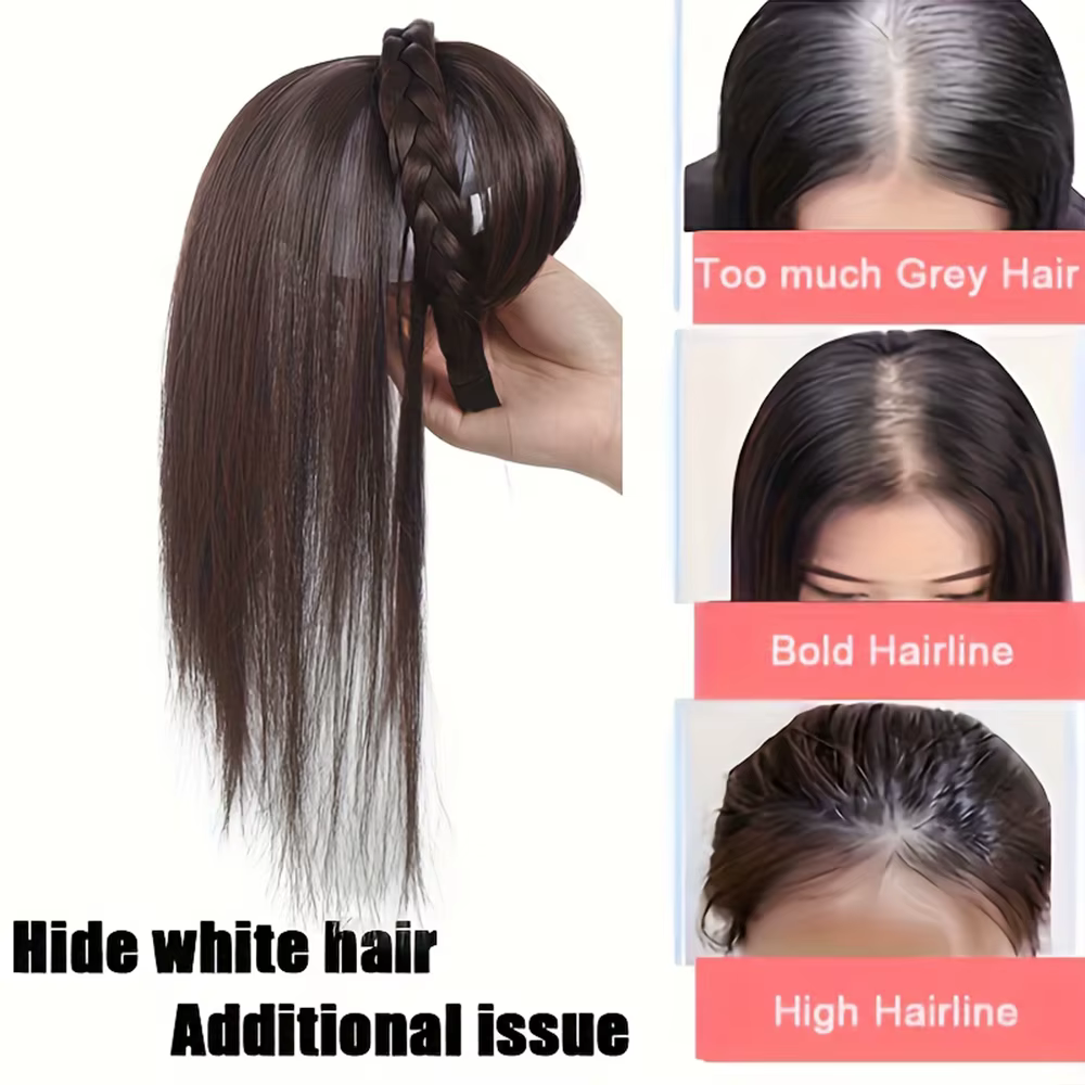 Extensions de cheveux synthétiques lisses effet naturel - Bandeau tressé chic avec postiche à clipser et frange pour femme