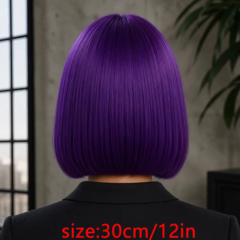 Perruque synthétique violette foncée de 12 pouces avec frange