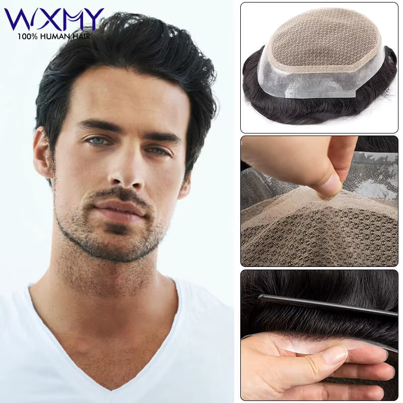 Toupet hommes australie-Double couche mâle prothèse de cheveux respirant dentelle et Pu Base homme perruque 6 "naturel