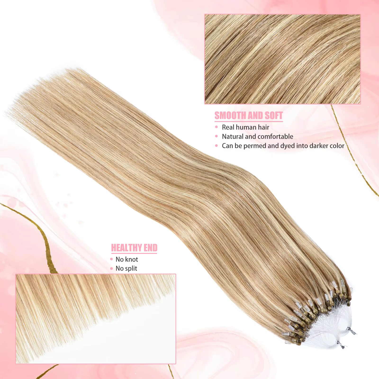 Extensions d'anneaux à micro-boucles de cheveux 100% humains