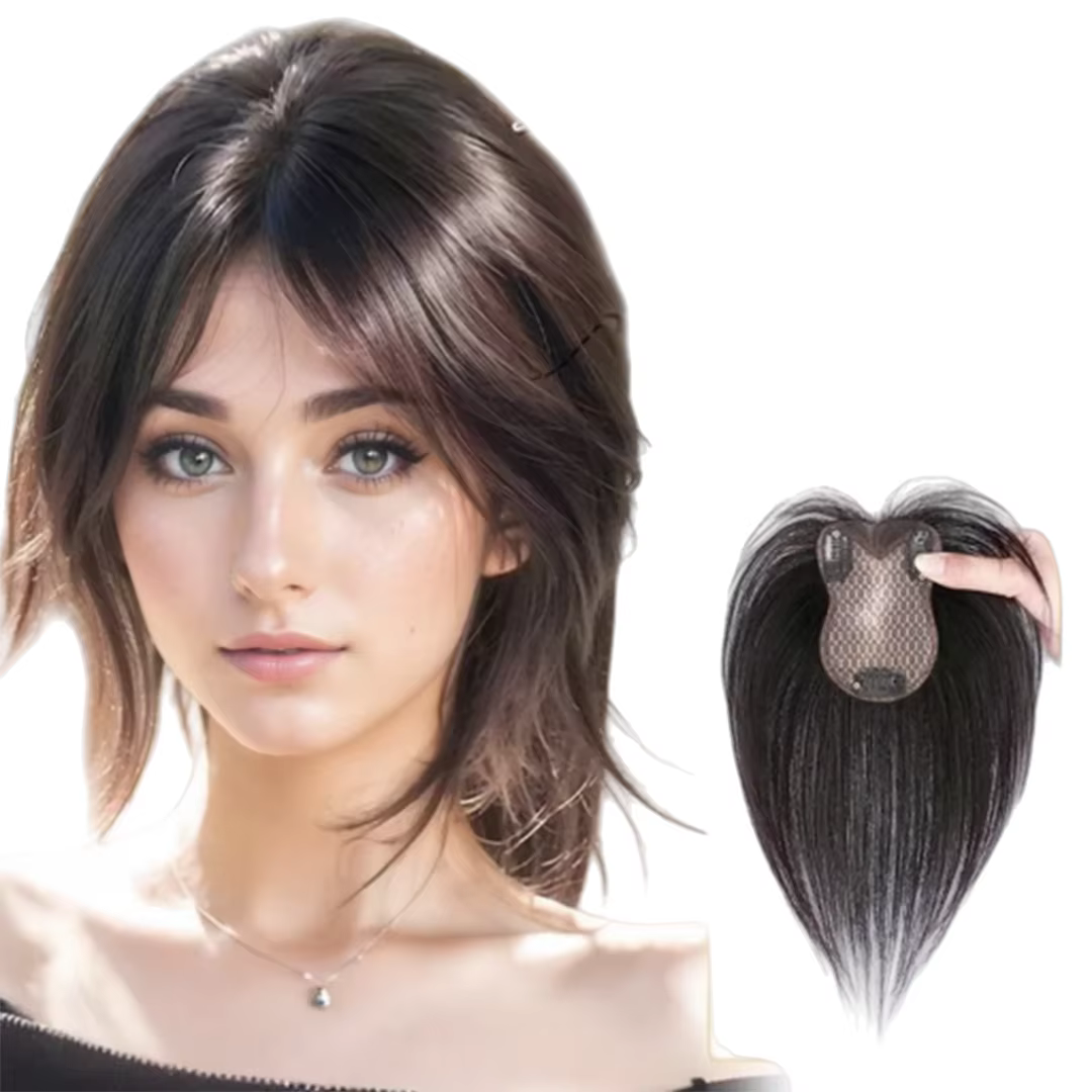 100% vrais cheveux humains Topper pour femmes 8x11 cm Invisible dentelle Toppers avec 3D frange Clips dans les postiches pour Volume couverture chauve