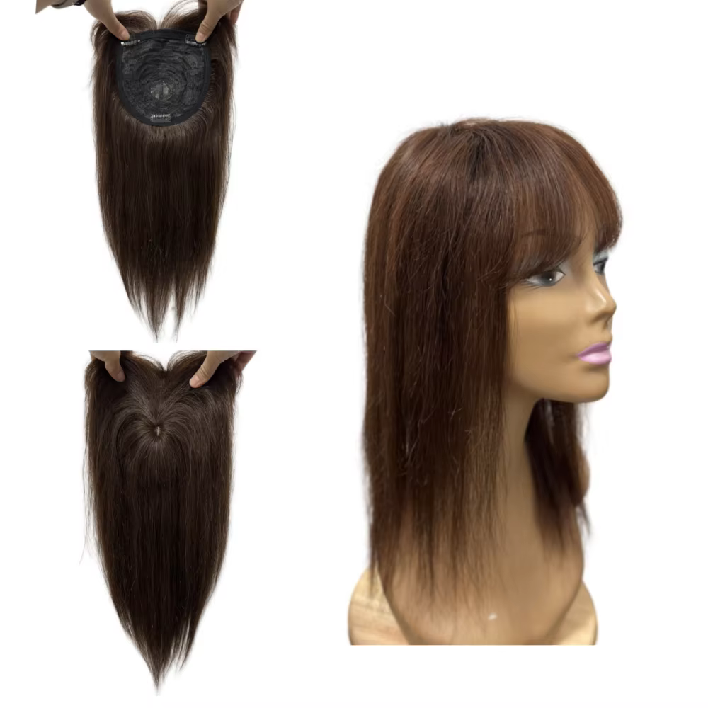 Clip en cheveux humains Topper avec frange Extensions