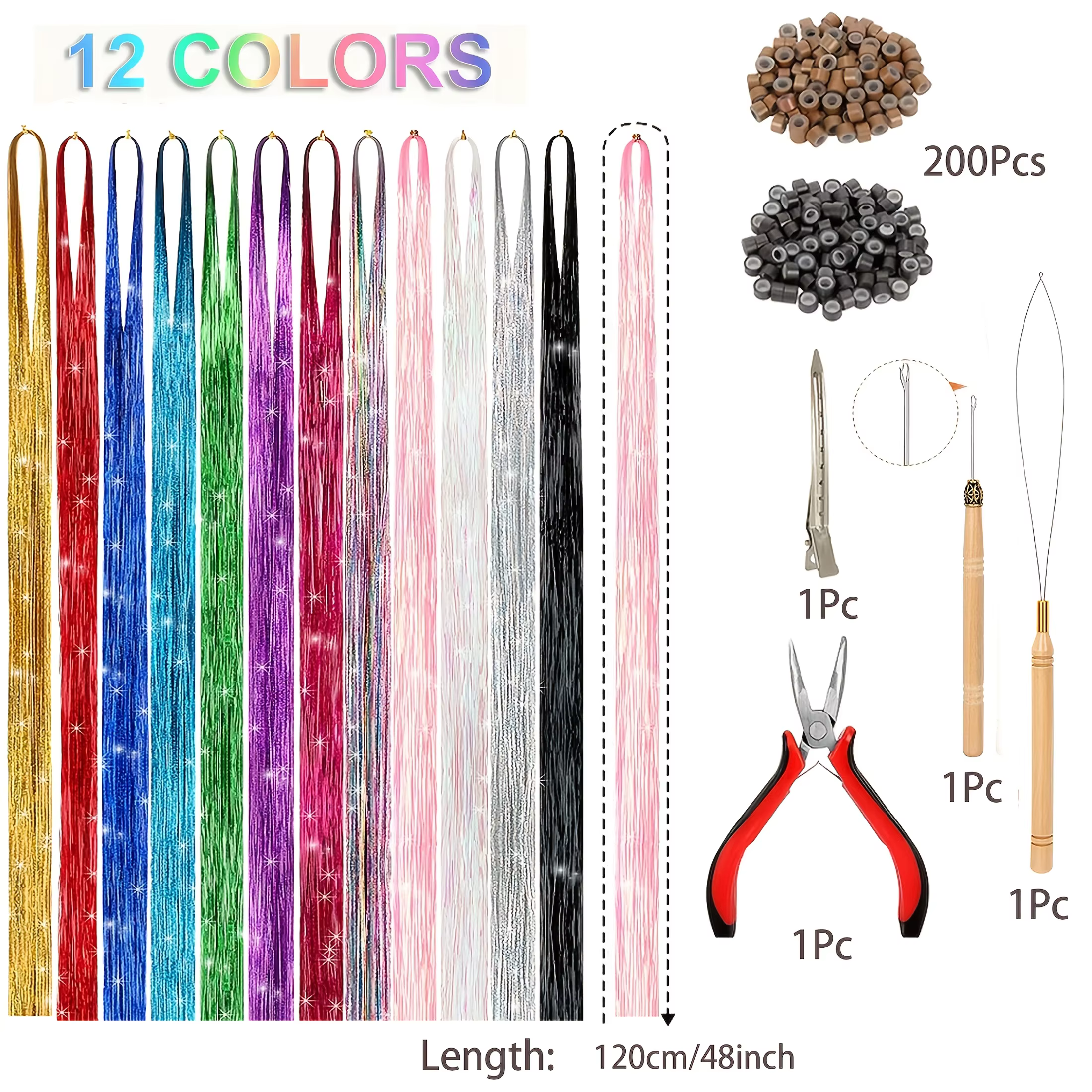 Kit d'extensions de cheveux - Accessoires capillaires brillants et résistants à la chaleur de 48 pouces en 12 couleurs avec outils, parfaits pour les femmes et les filles - Idéal pour