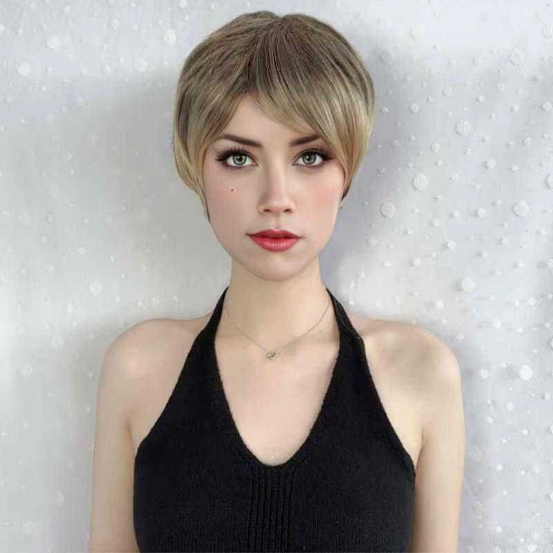 Perruque à la mode pour femmes avec frange inclinée oreilles exposées cheveux courts bandeau supérieur complet Style