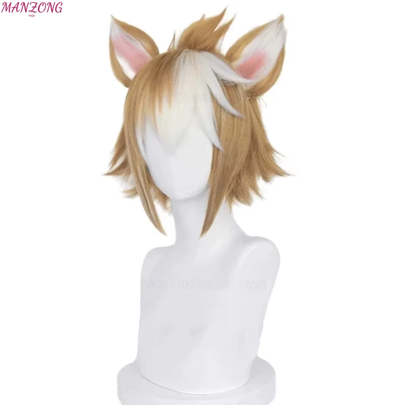 Perruque de Cosplay Gorou Genshin Impact, Cheveux Synthétiques Courts, Marron et Blanc avec Oreilles, Degré de Chaleur, Jeu d'Halloween