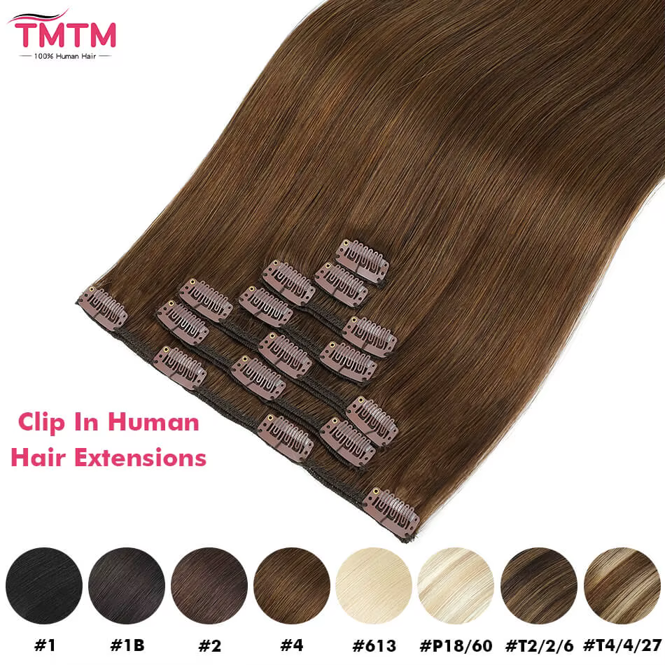 Extensions de cheveux humains lisses à clipser, 7 pièces/ensemble, pour tête entière, style brésilien, 85/120 grammes, extensions à clipser pour femmes