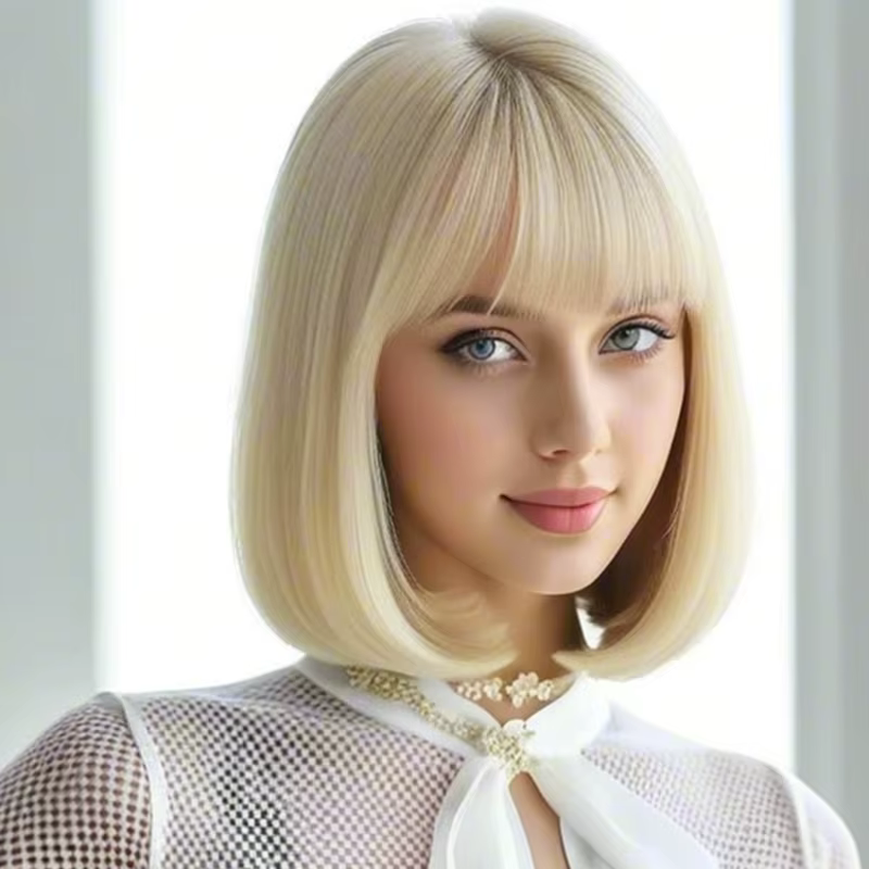 Perruque synthétique à frange blonde pour femmes
