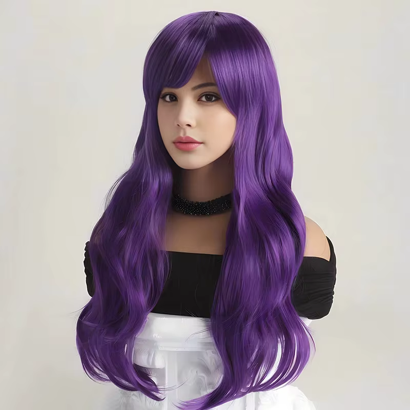 Perruque synthétique violette de 26 pouces avec grandes vagues pour cosplay d'Halloween